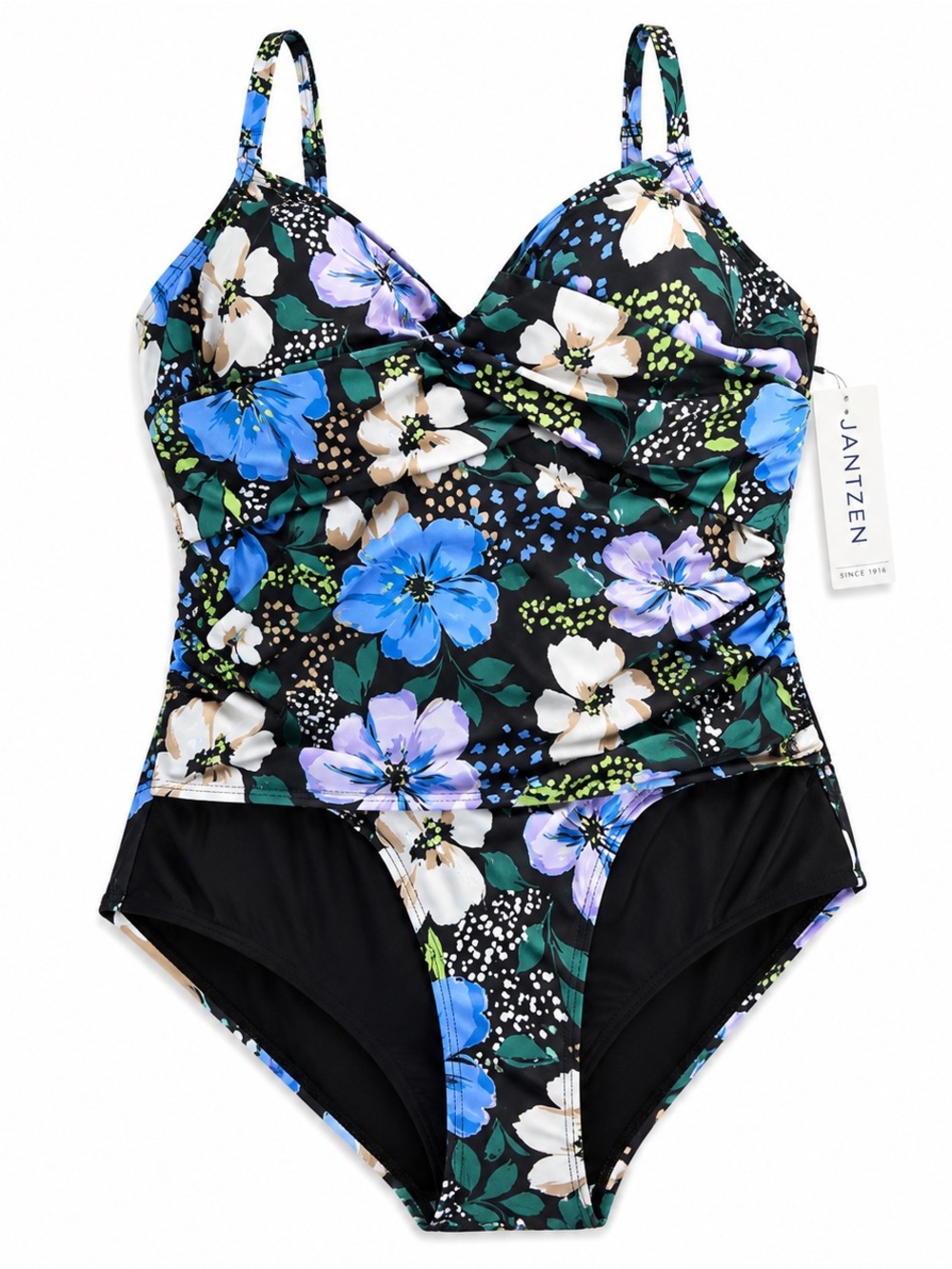 NWT Jantzen 18W Black Floral One Piece Swimsuit Tummy Control Plus Size